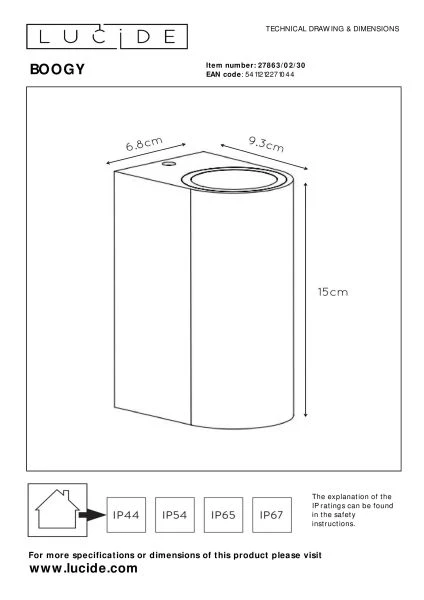 Lucide BOOGY - Wandspot Buiten - 2xGU10 - IP44 - Zwart - technisch